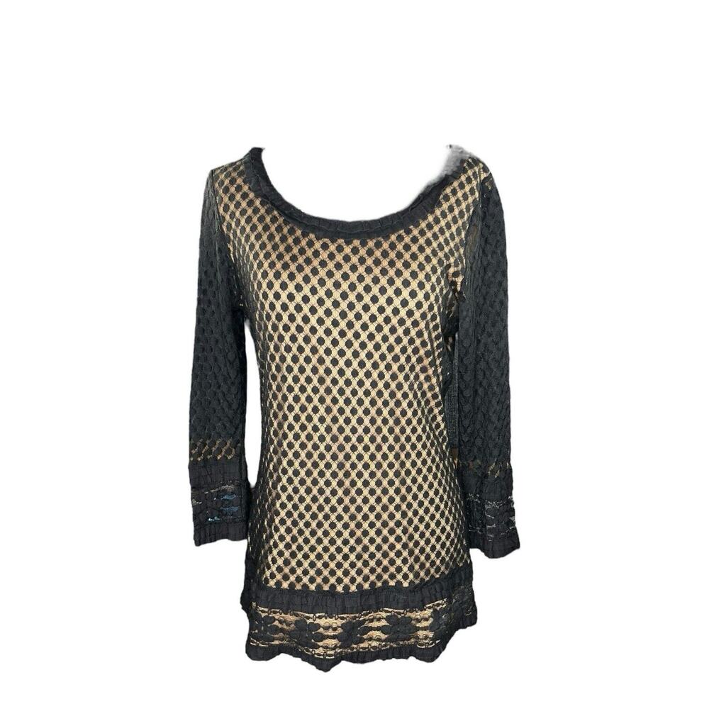 Max Edition Black Sheer‎ Tunic Over Nude Tank Sheer Crochet Sleeves Ruffle Sz Lg